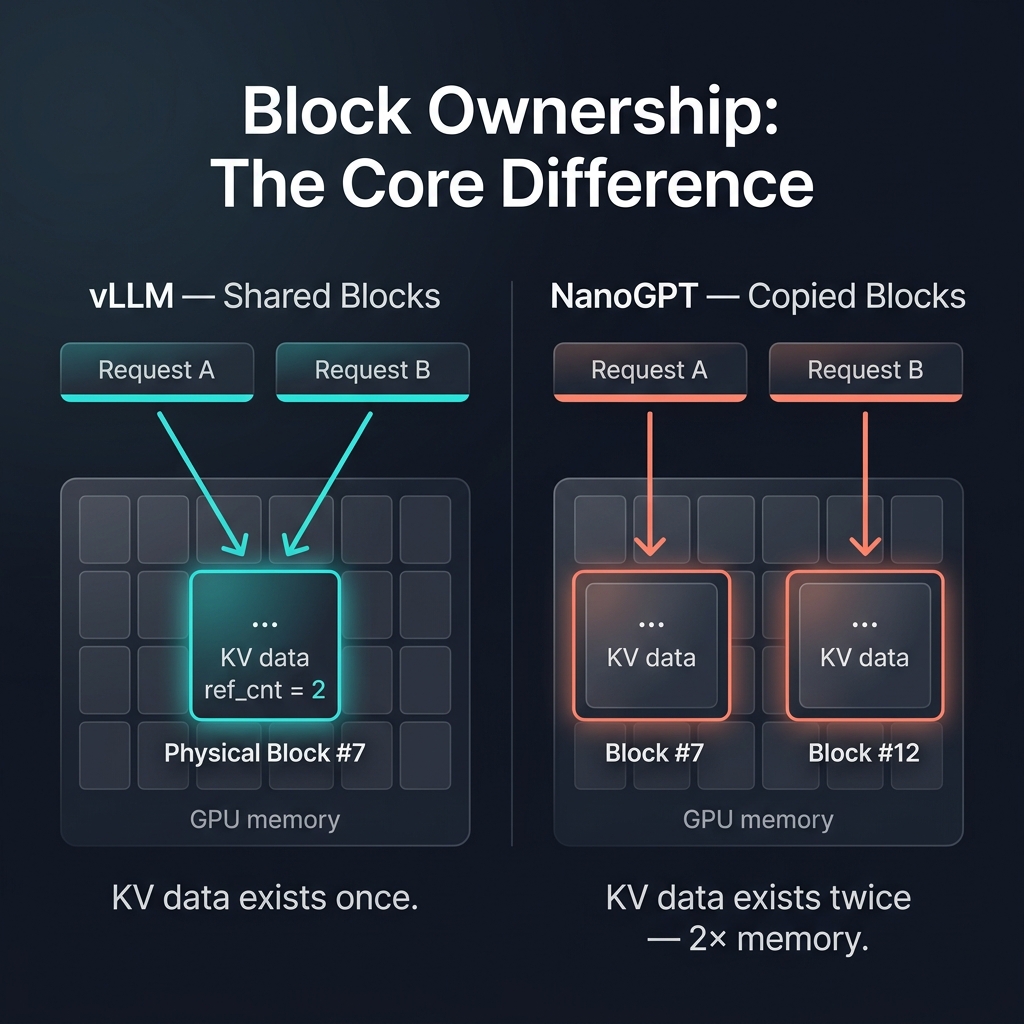 Block Ownership: vLLM shared blocks vs NanoGPT copied blocks