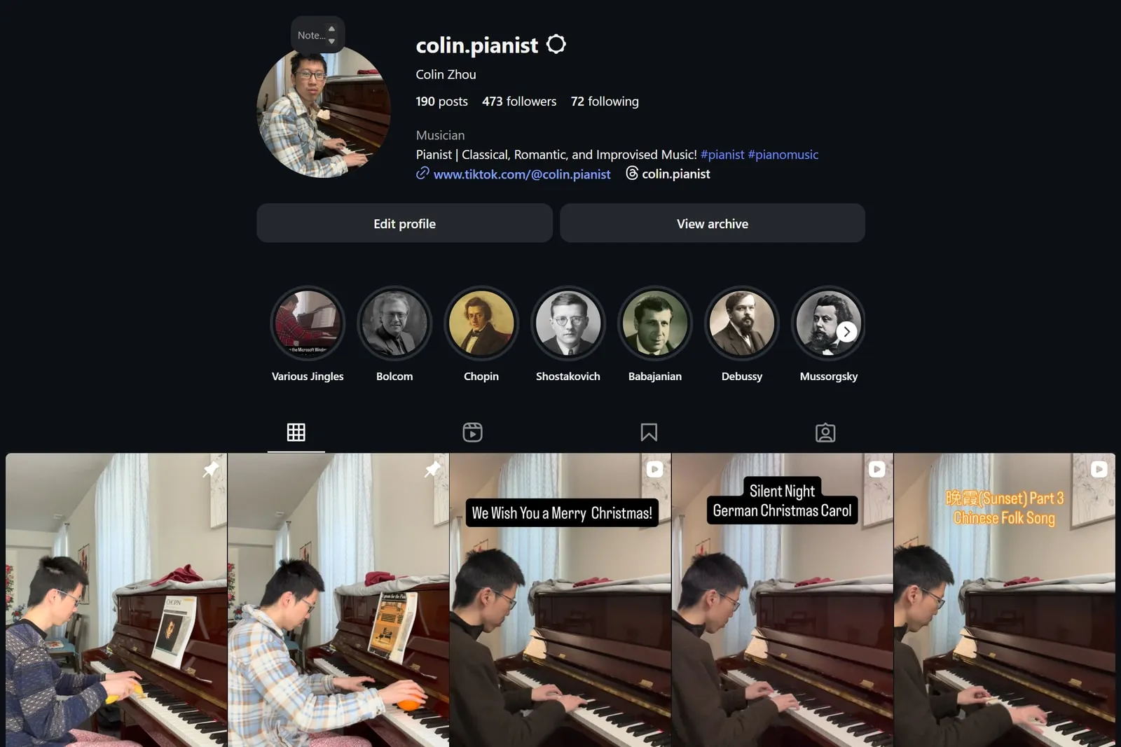 Colin's Instagram profile, colin.pianist