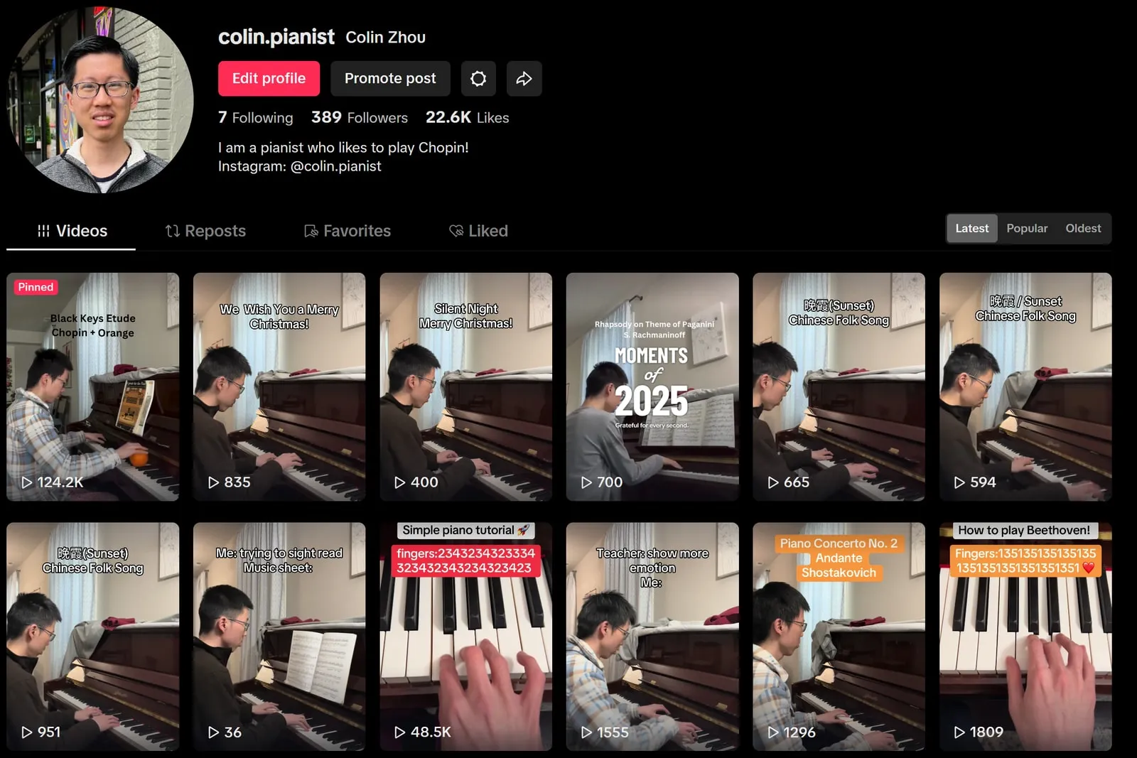 Colin's TikTok profile, colin.pianist